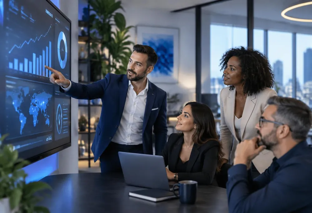 A business team reviewing growth performance together