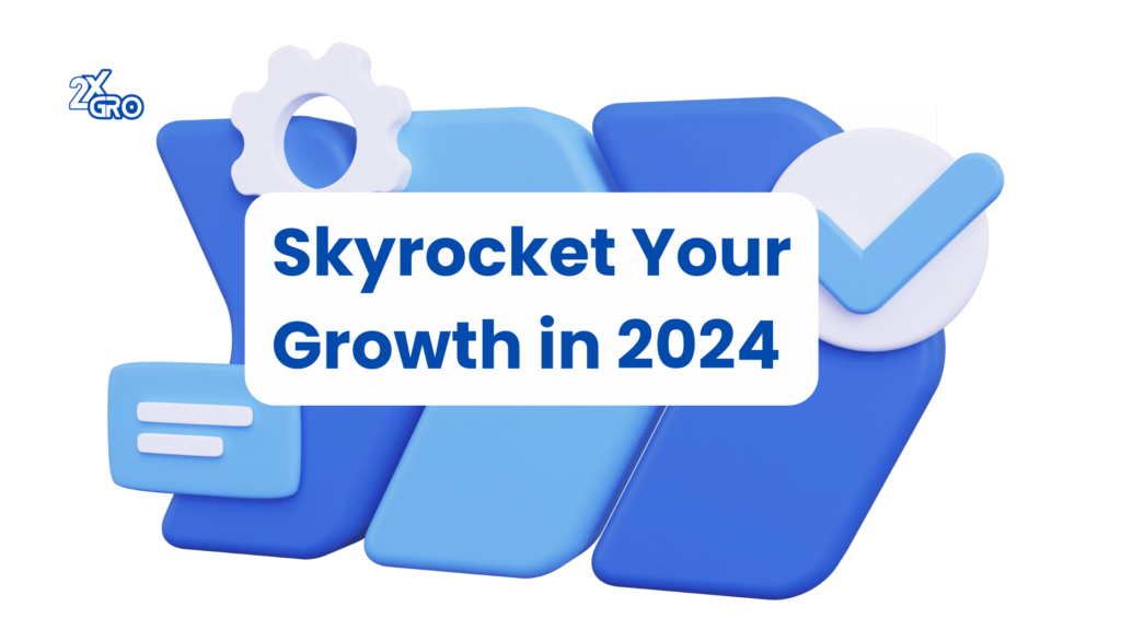 Illustration of a graph pointing upward with digital icons representing growth and marketing strategies, highlighting the text: 'Skyrocket Your Growth in 2024